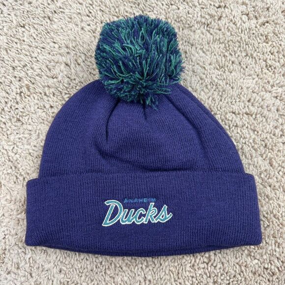 Anaheim Ducks NHL Beanie Zephyr Purple Teal Script Logo Pom Cuffed Knit Cap NWOT - Picture 1 of 6